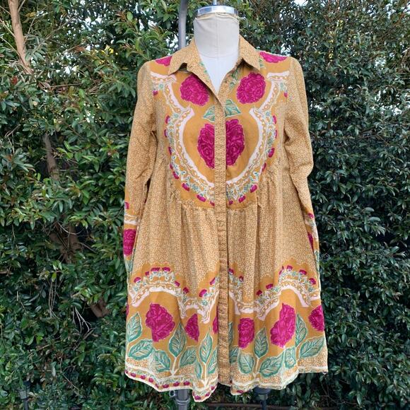 Free People Smell The Roses Mini Dress Pleated Floral Gold Mustard Combo XS NWOT - Picture 1 of 10